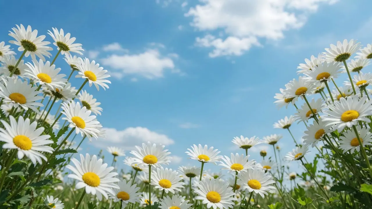 A field of daisies under a blue summer sky